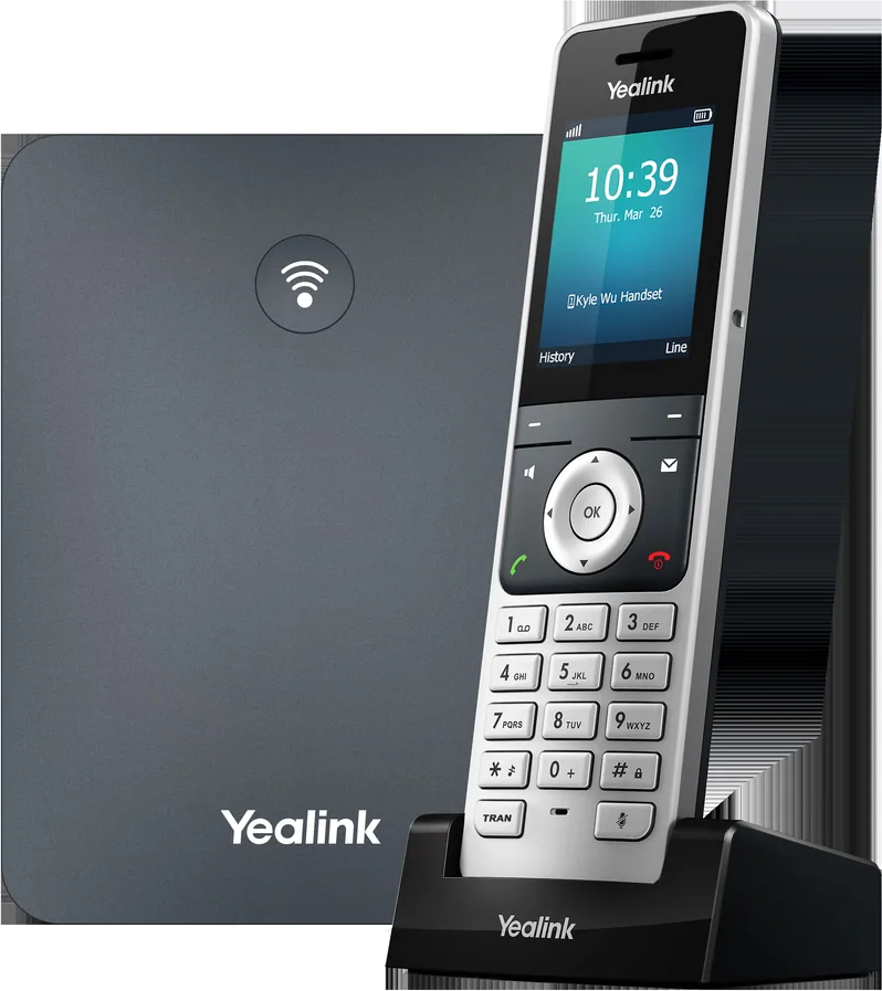 Yealink W76P DECT phone system, a white W70B base station beside a black W56H cordless handset